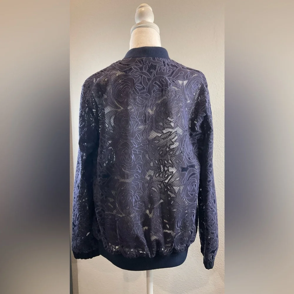 Anthropologie Elevenses Navy Blue Lace Bomber Jacket - Picture 10 of 16